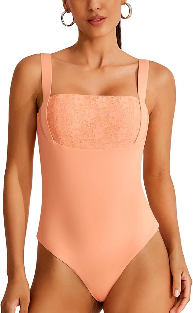 REORIA Women's Square Neck Sleeveless Sexy Lace Bodysuits Tank Tops 2024 Spring/Summer Designer C... | Amazon (US)
