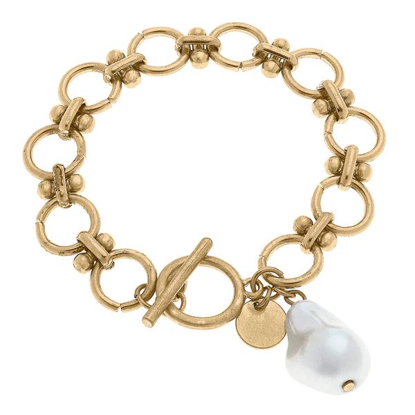 Marissa Baroque Pearl & Lux Chain Link T-Bar Bracelet in Worn Gold | CANVAS