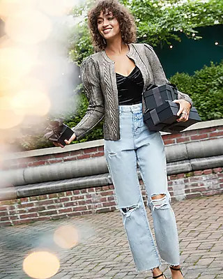 Super High Waisted Ripped Raw Hem Modern Straight Jeans | Express