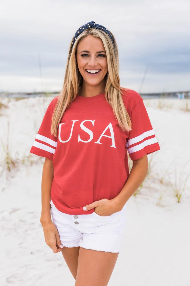 Classic USA Varsity Graphic Red Tee | Pink Lily