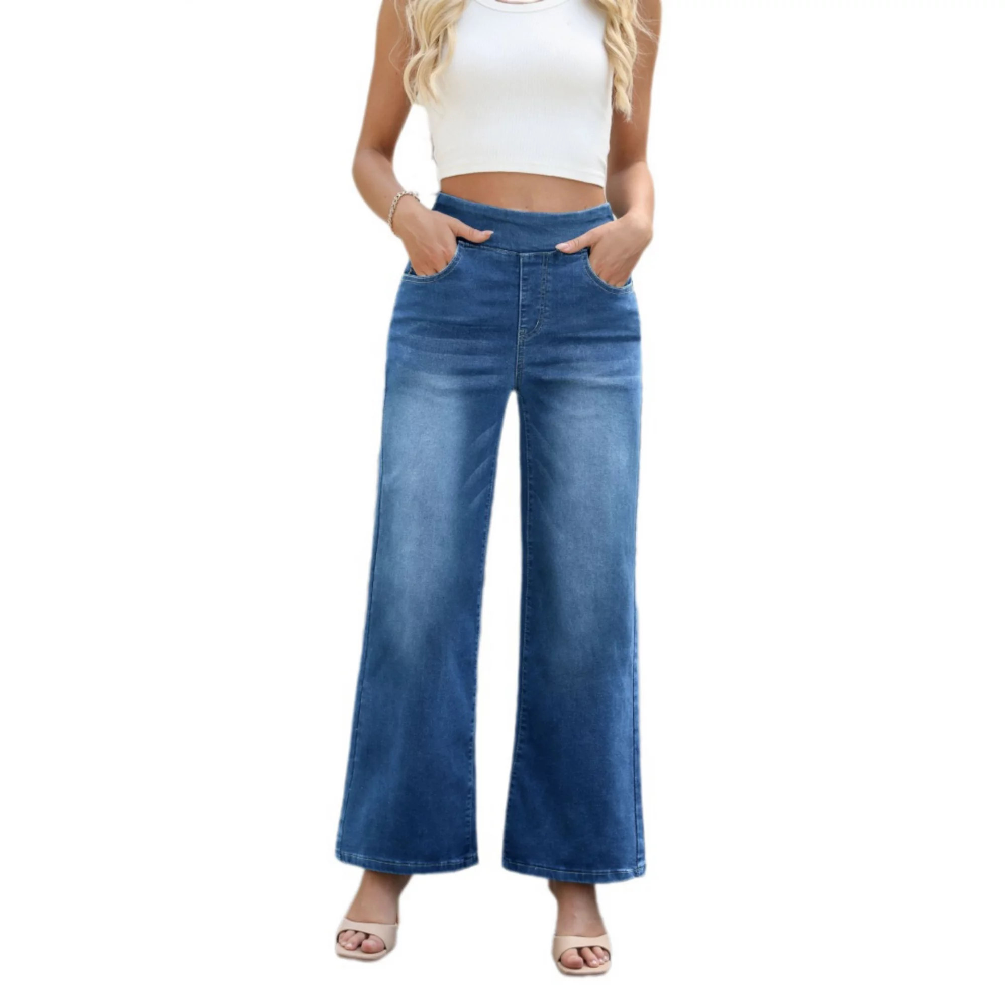 Women's Casual Stretch High Rise Loose Multi-Pocket Denim Pants Wide Leg Jeans | Kohl's