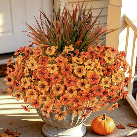 Artificial Mums for Outdoors, 15 Pcs Fake Fall Flowers Home Decor | Realistic Silk Daisy with Fau... | Amazon (US)