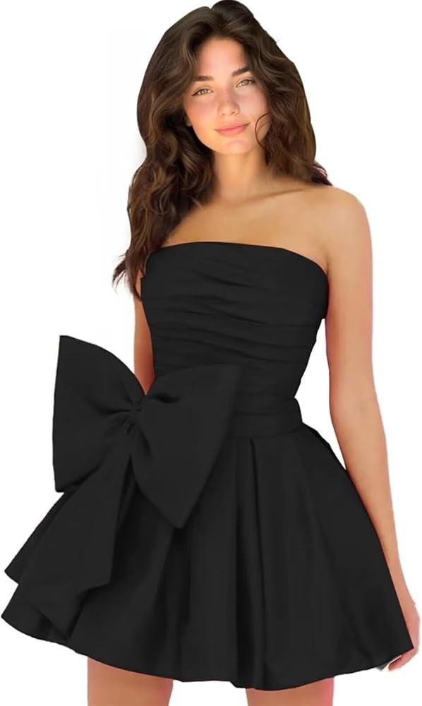 Strapless Ruffle Satin Homecoming Dresses with Bow for Teens Short A-Line Prom Dress Mini Cocktai... | Amazon (US)