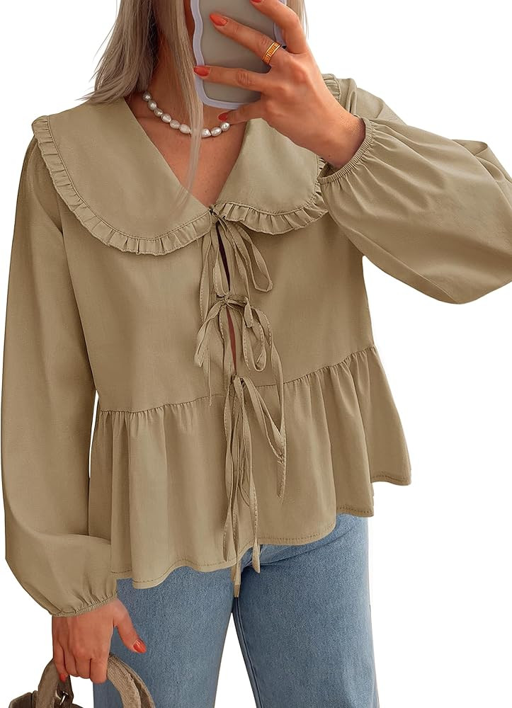 ZESICA Women's Tie Front Peplum Tops Long Puff Sleeve Lapel Collar Cute Babydoll Blouses Shirts | Amazon (US)