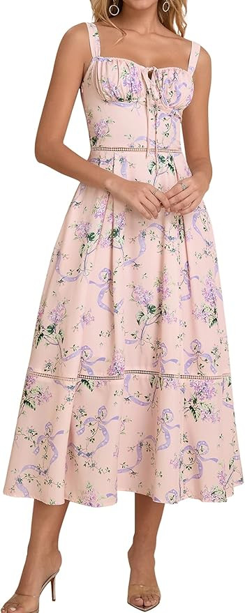 KUTUMAI Floral Corset Midi Dress Lace Up Cutout Flowy Summer Wedding Guest Dresses for Women Sund... | Amazon (US)