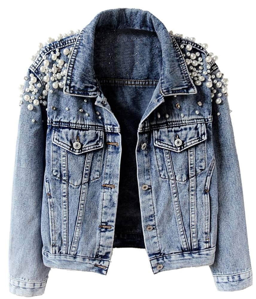 Kedera Women's Jean Jacket Embroidered Rivet Pearl Short Denim Jacket Coat | Amazon (US)