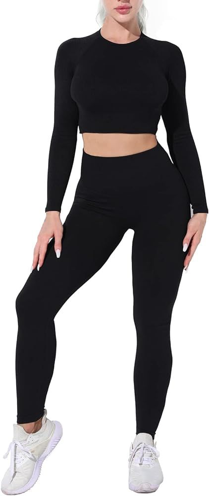 Workout Sets for Women 2 Piece Long Sleeve Seamless Crop Tops Gym Clothes Outfit | Amazon (US)