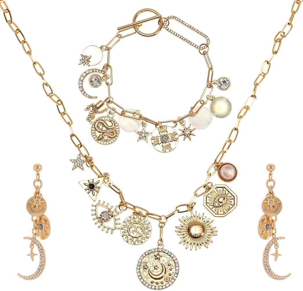 Vintage Jewelry Set,Charm necklace+Charm Bracelet+Moon Earrings,Gold Jewelry Set for Women | Amazon (US)