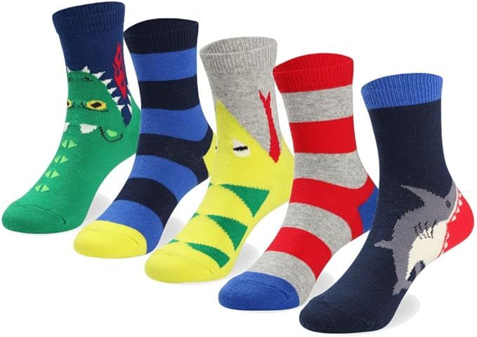 COTTON DAY Kids Boys Fun Novelty Crew Socks Colorful Pattern Design Shark Scull Robot | Amazon (US)