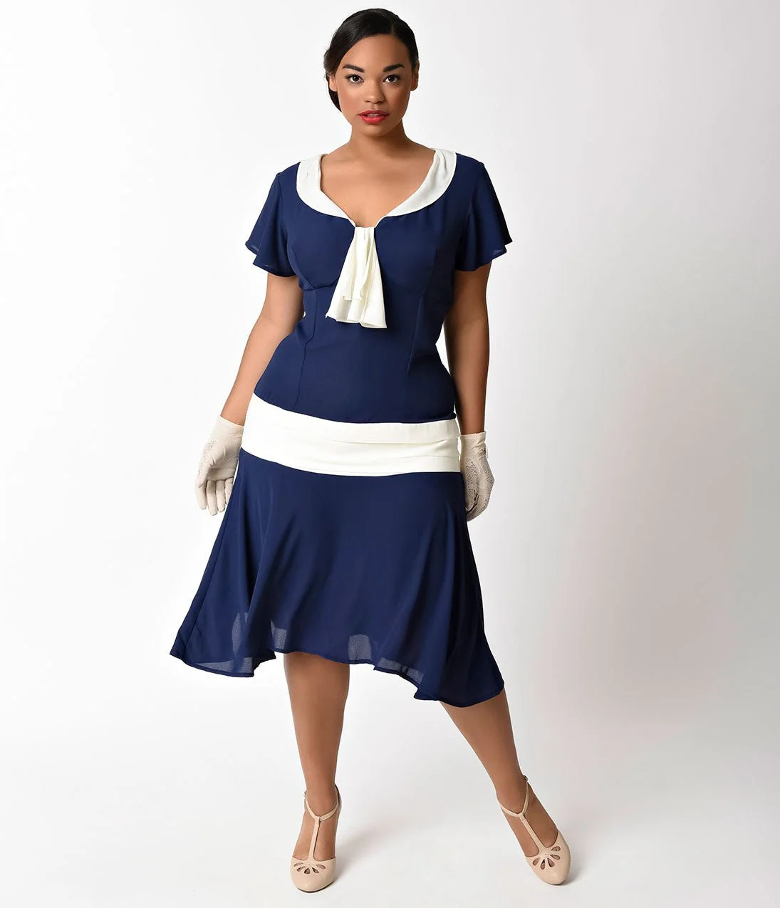Unique Vintage Plus Size 1920s Navy Blue & Ivory Wilshire Flapper Day | Unique Vintage - North America