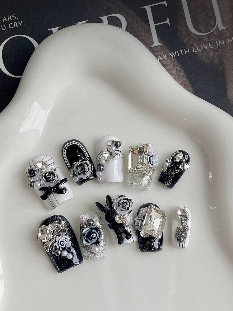 Ten Piece Set Of Dark Black Camellia Sweet And Cool Handmade Press-On Nails , Chain Black Bunny Suitable For Daily Life, Parties, Gatherings, Birthdays Press On Nails Nail Supplies Nails | SHEIN