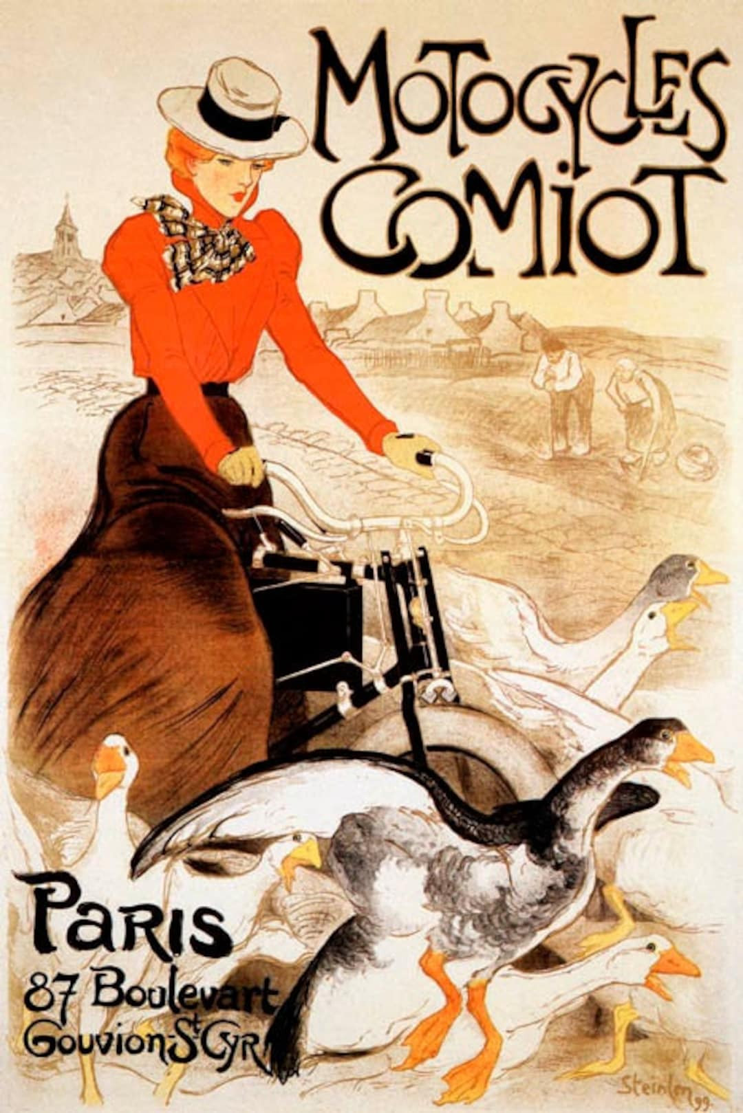 Motorcycles Comiot Girl Riding Bike Bicycle Goose French Vintage Poster Repro - Etsy Canada | Etsy (US)