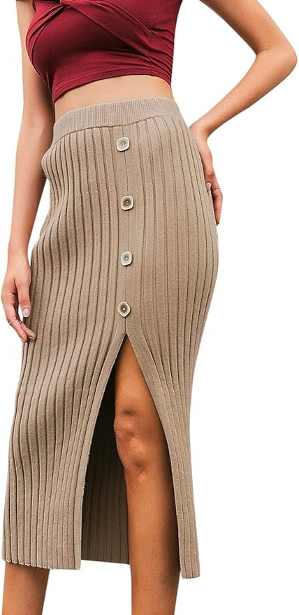 BerryGo Women's High Wiast Stretchy Ribbed Knit Skirt Pencil Midi Skirt with Slit | Amazon (US)