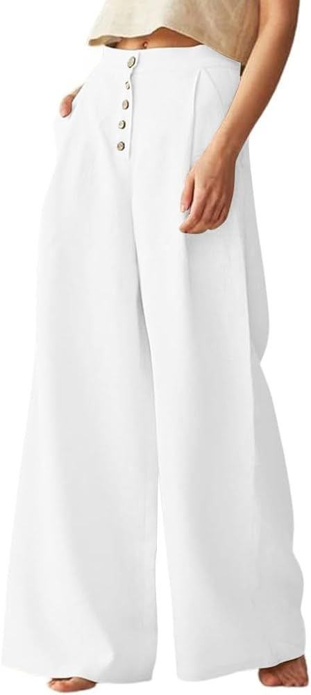 chouyatou Women's Summer High Waisted Cotton Linen Palazzo Wide Leg Casual Pants with Pockets | Amazon (US)