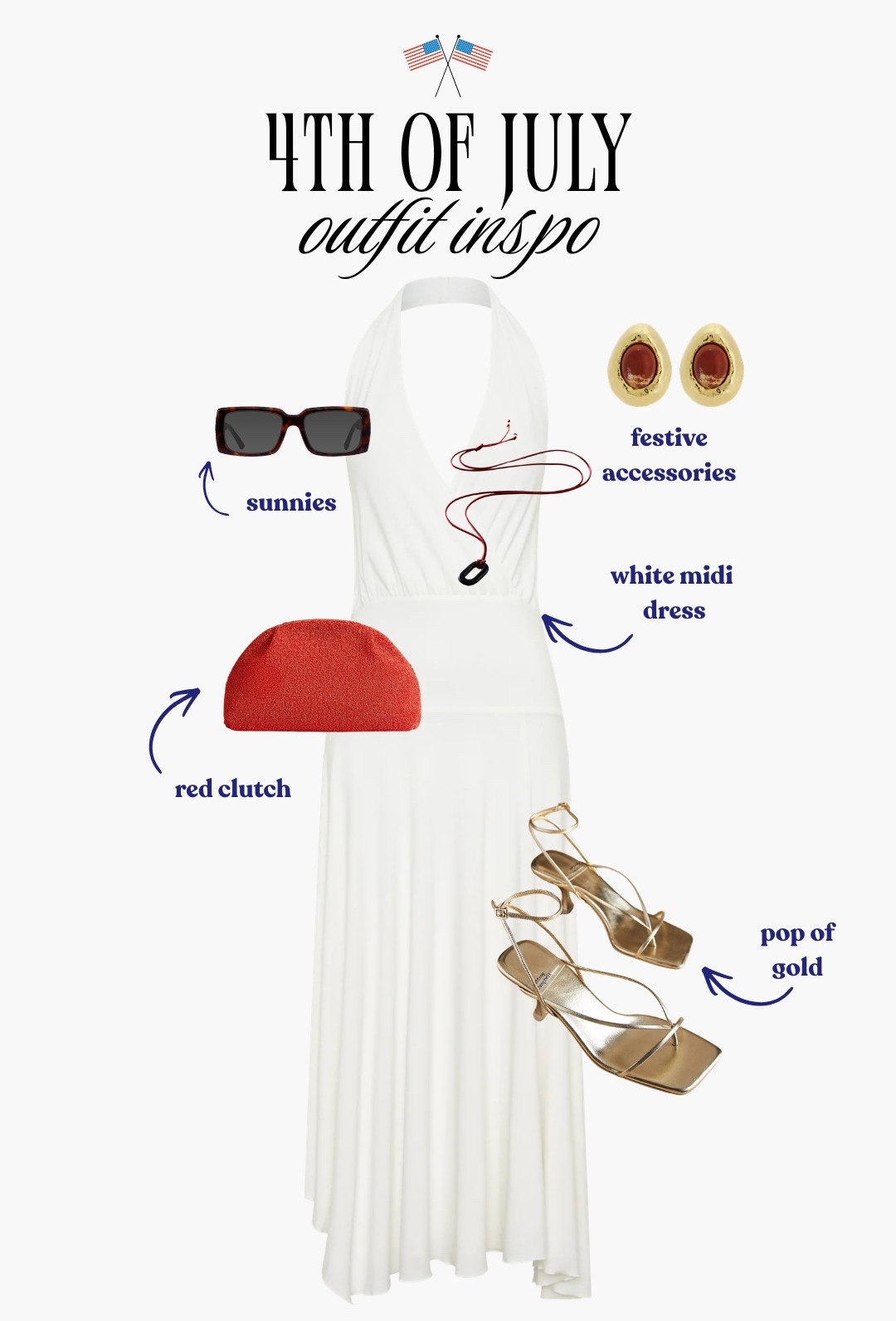 [6/30/26] 4th of July outfit inspo if you want something classic with a dressier feel. A white midi dress with a red clutch and gold accessories is such an easy way to do festive style without overthinking it.

#LTKgrwm #LTKootd #LTKSeasonal