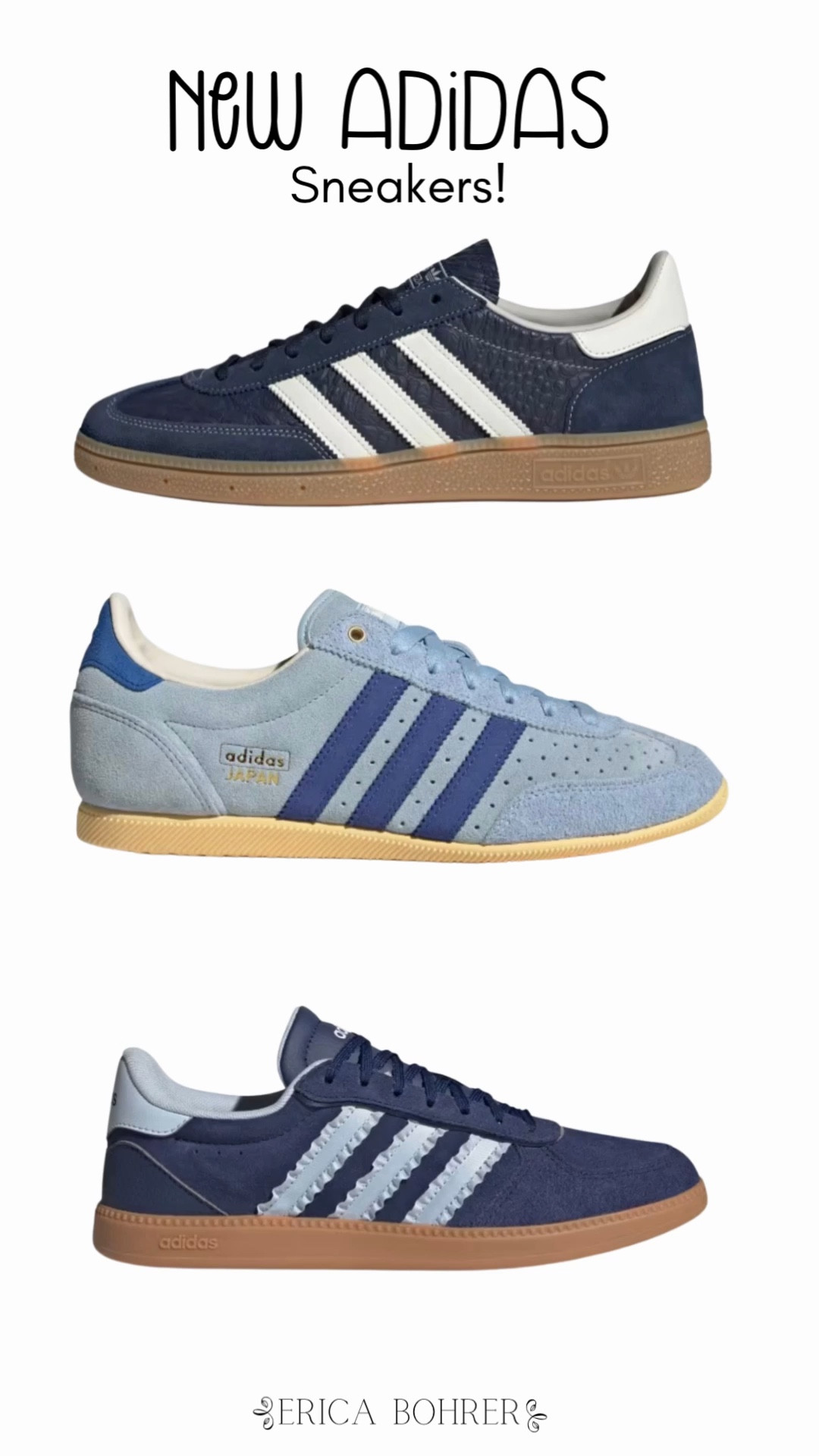 New Adidas sneakers in navy blue and light blue.