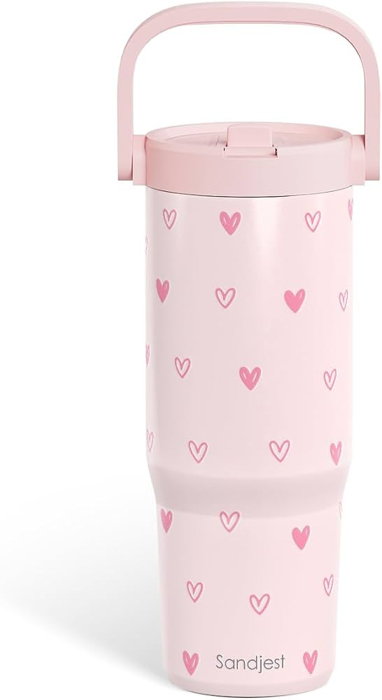 SANDJEST Heart Stainless Steel Straw Lid Tumbler 30oz with Carry Handle for Women Girls, Insulate... | Amazon (US)