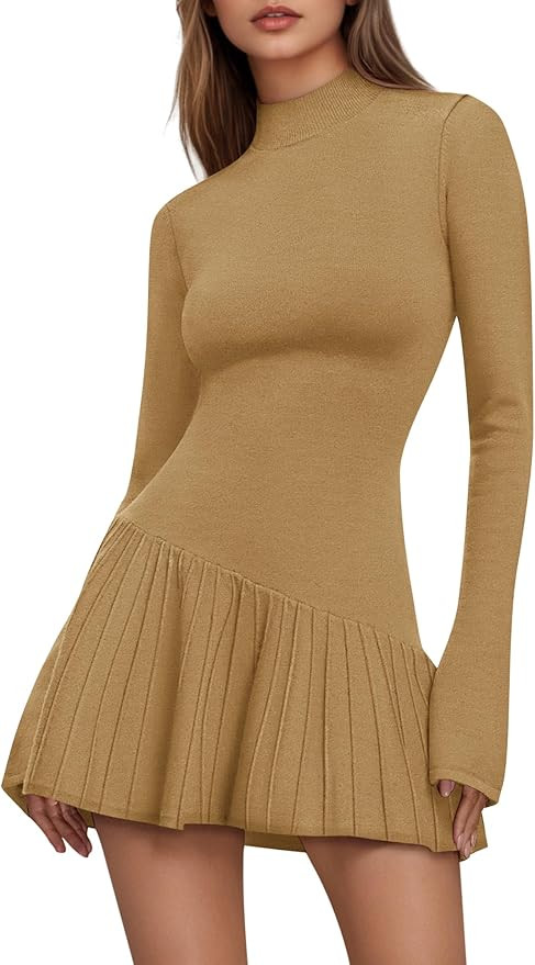 Women's Sweater Dress Crochet Ribbed Knit Ruffle Hem Flared Long Sleeve Mock Neck Mini Dress | Amazon (US)