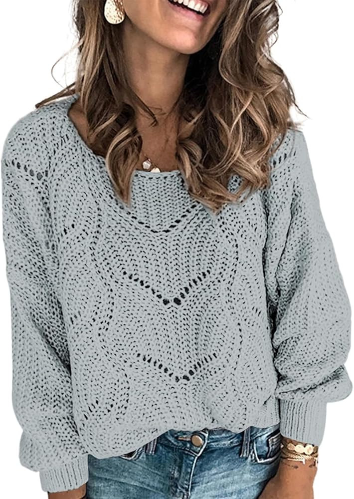Dokotoo Womens 2024 Cute Elegant Soft Crewneck Long Sleeve Hollow Cable Knit Pullover Sweaters | Amazon (CA)