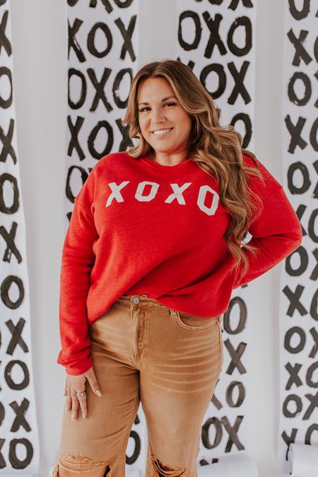 curvy Valentine look! wearing size large in red XOXO pullover and size 32 in neutral denim 

#LTKSeasonal #LTKcurves #LTKunder100
