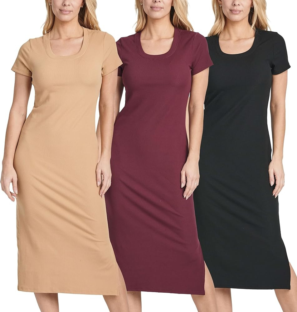 Real Essentials 3 Pack: Women's Ribbed Jersey Crew Neck Short Sleeve Midi Length Dress with Side ... | Amazon (US)