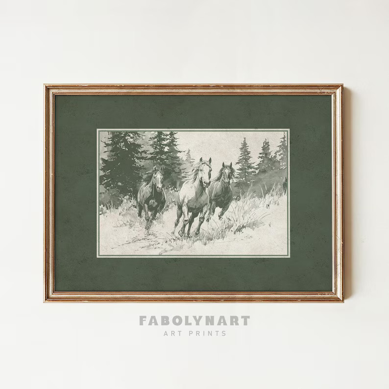 Vintage Three Horses Wall Art Print, Rustic Winter Decor, Moss Green Matte Retro Christmas Holida... | Etsy (US)