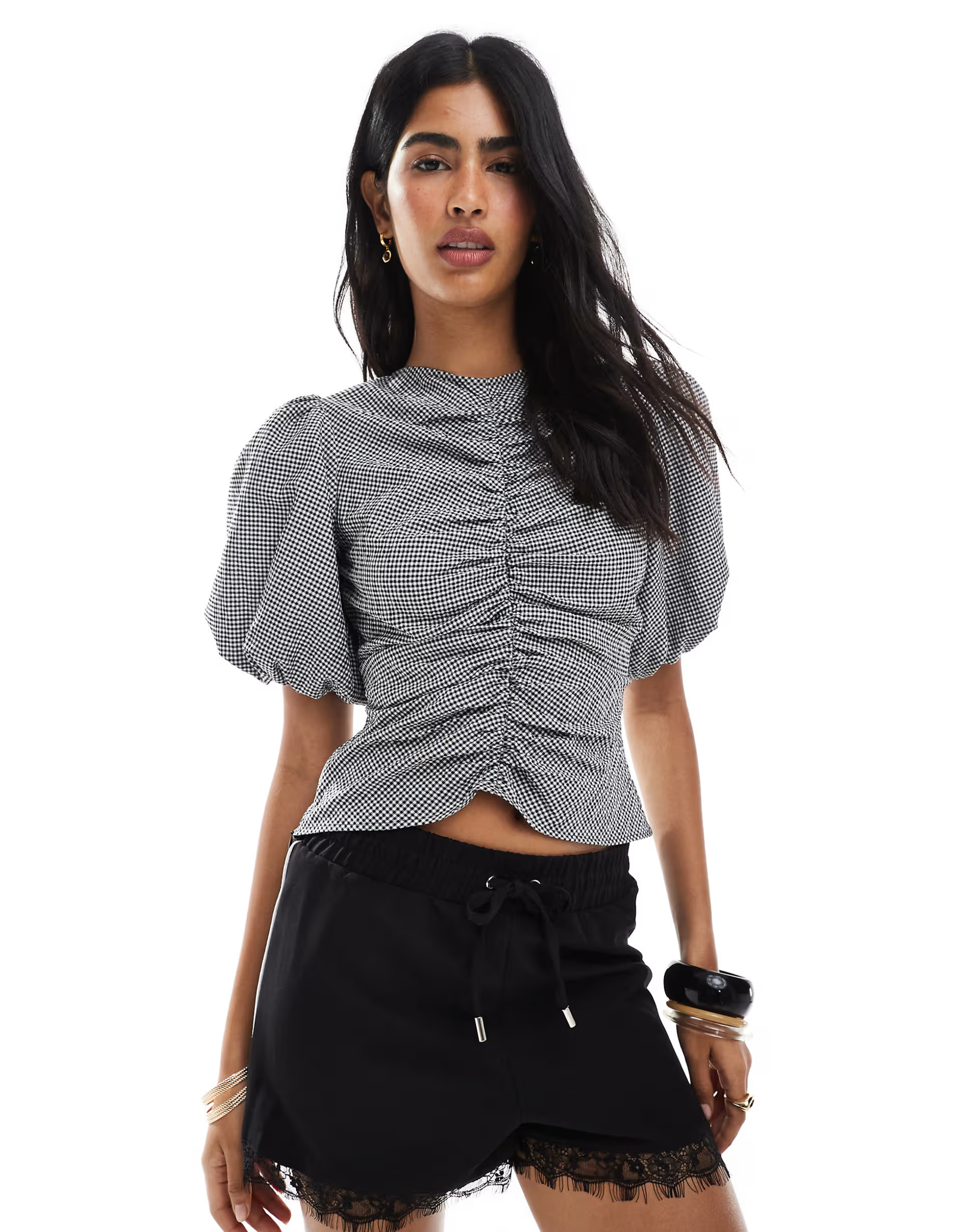 ASOS DESIGN ruched front puff sleeve top in gingham | ASOS | ASOS (Global)