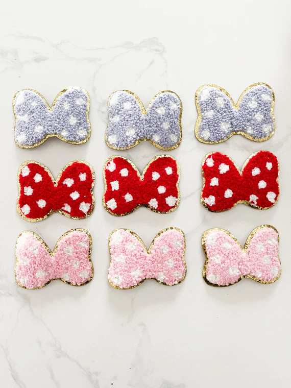 Minnie Mouse Chenille Glitter Bow Patch Disney Bow Iron On Patches, Polka Dot Bow Red Pink Purple | Etsy (US)
