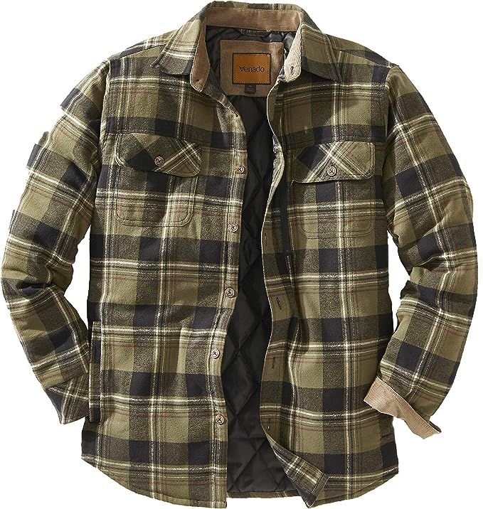 Venado Men's Plaid Shirt Jacket -Long Sleeved Quilt Lined Brushed Flannel Rugged Shirt | Amazon (US)