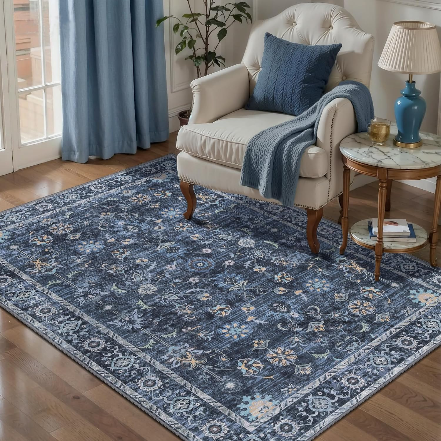 Tangsoo 3x4 Washable Rugs for Entryway Non Slip,Vintage Blue Throw Rugs | Amazon (US)