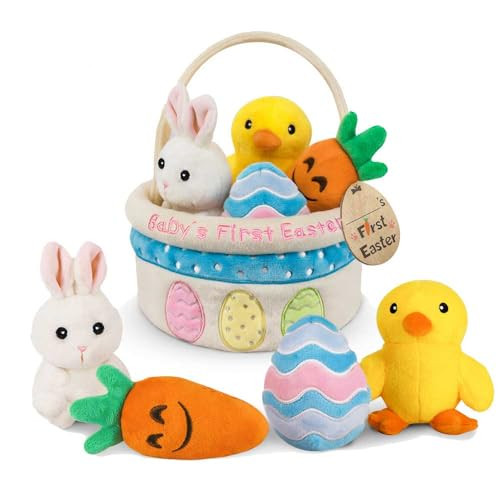 Baby's First Easter Basket Stuffers Playset, 5ct Stuffed Plush Bunny Chick Carrot Egg for Babies Girls Boys Kids Infant Toddler, Personalized Easter Decorations Gifts Party Supplies | Amazon (US)