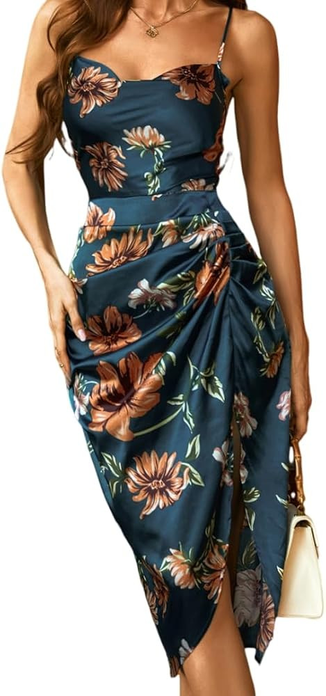 WDIRARA Women's Floral Print Cowl Neck Sleeveless Ruched Split Thigh Satin Cami Summer Dress | Amazon (US)