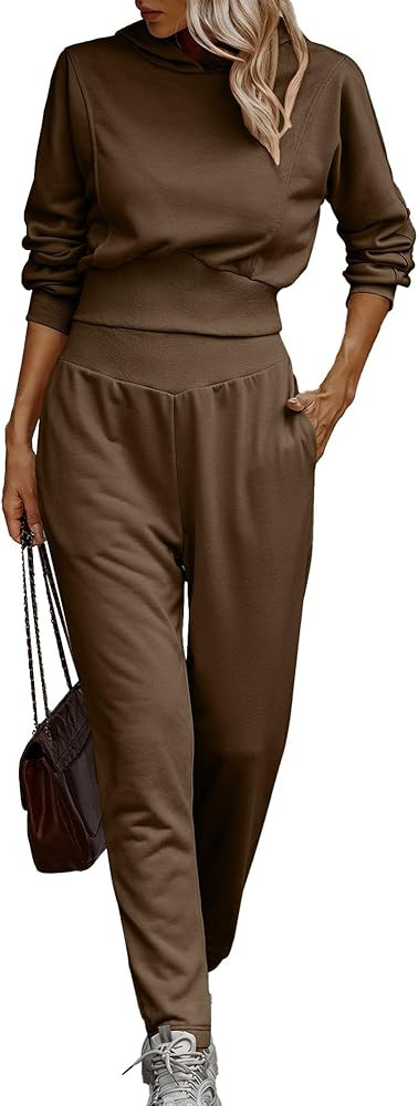 BTFBM Women's Sweatsuit Set Casual Cropped Pullover Hoodie Sweatpants Long Sleeve Tracksuit 2 Pie... | Amazon (US)