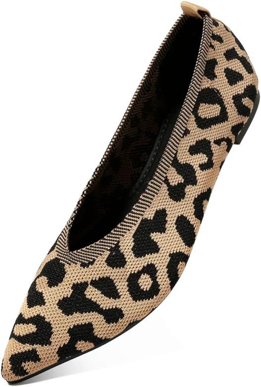 Womens Ballet Flats-Knit Texture Pointed Toe Slip-On Black Leopard Mesh Classic Casual Comfort Fl... | Amazon (US)