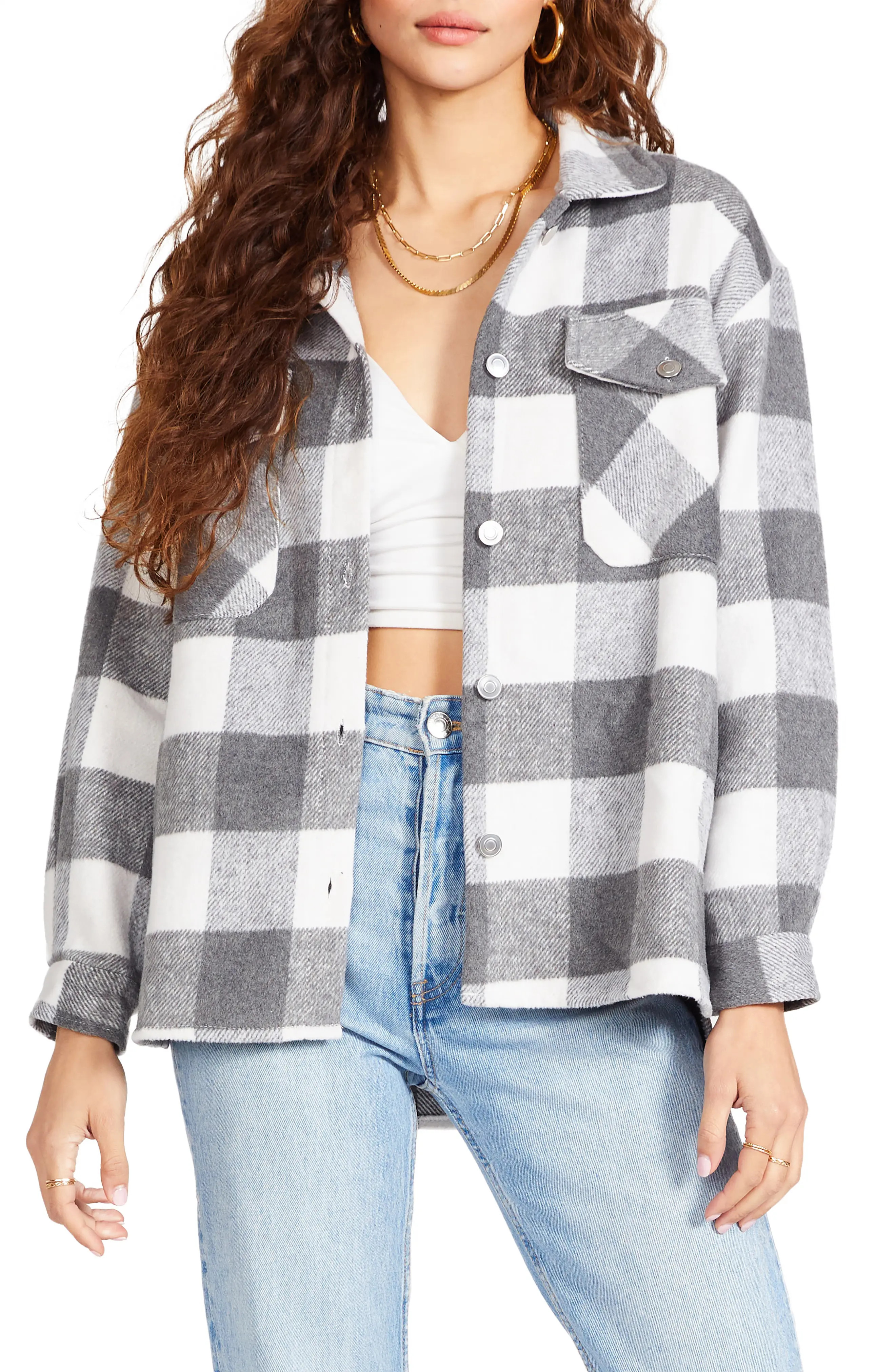Women's Bb Dakota Plaid Shirt Jacket, Size Small - Grey | Nordstrom