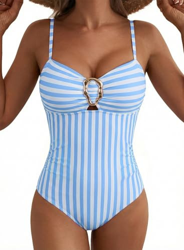 Aleumdr Womens Color Block Vintage One Piece Bathing Suits Tummy Control Swimsuits Push Up Bathing Suits Flattering Swimwear Sky Blue Stripe Small | Amazon (US)