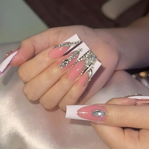 Gifiky 24Pcs French Tip Press on Nails - Long Coffin False Nails with Acrylic Crystal Gem Design Design, Nude Fake Nails for Women,Reusable Glue on Nails Full Cover Tips | Amazon (US)