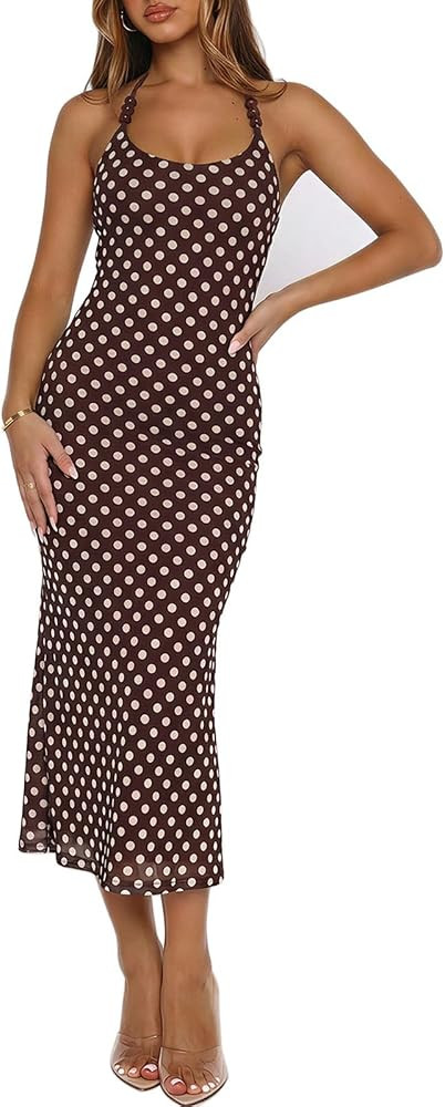 Womens Sexy Halter Neck Mesh Midi Cocktail Dresses Backless Bodycon Party Club Beach Long Dress | Amazon (US)