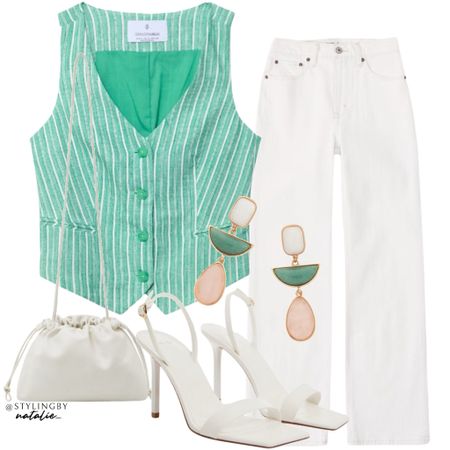 Green linen waistcoat with pin stripes, high rise white jeans, white heels, white crossbody bag.
Spring summer outfit 

#LTKSeasonal #LTKparties #LTKstyletip