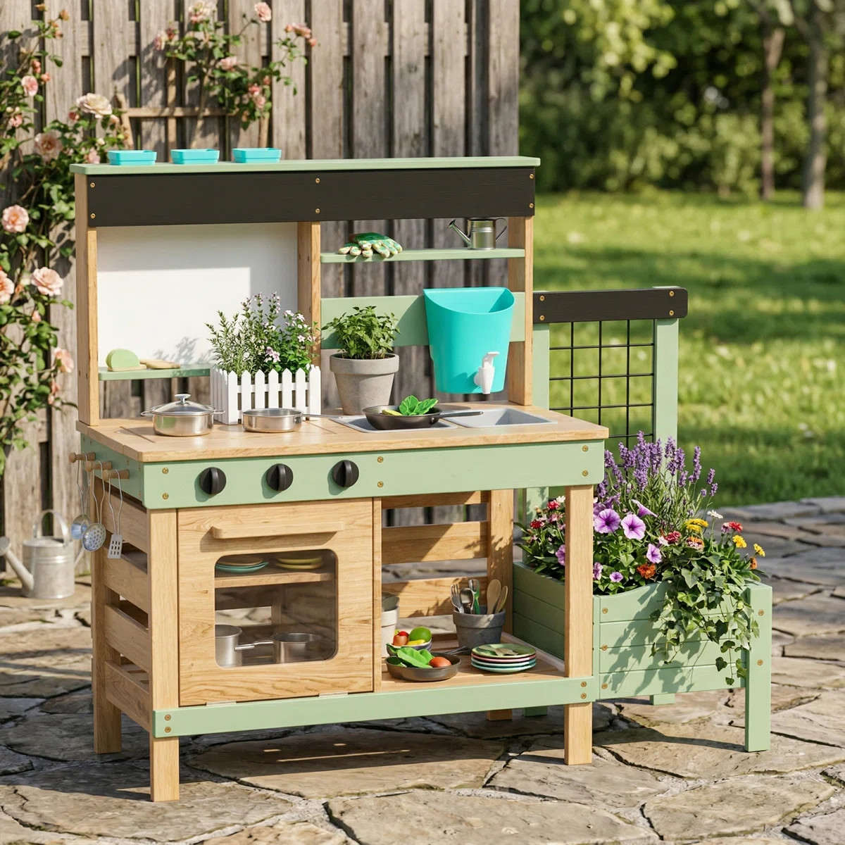 Kids Wooden Outdoor Mud Kitchen Playset With Plant Growing Box, Removable Sink, Oven, Stove & Kit... | Wayfair North America