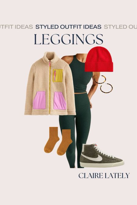A matching top and coordinating high tops will elongate and provide a solid base. The red hat and ochre socks both tie to the colors in the fleece and the tortoise hoop earrings add personality. 
Love, Claire Lately 

#LTKfitness #LTKstyletip #LTKover40