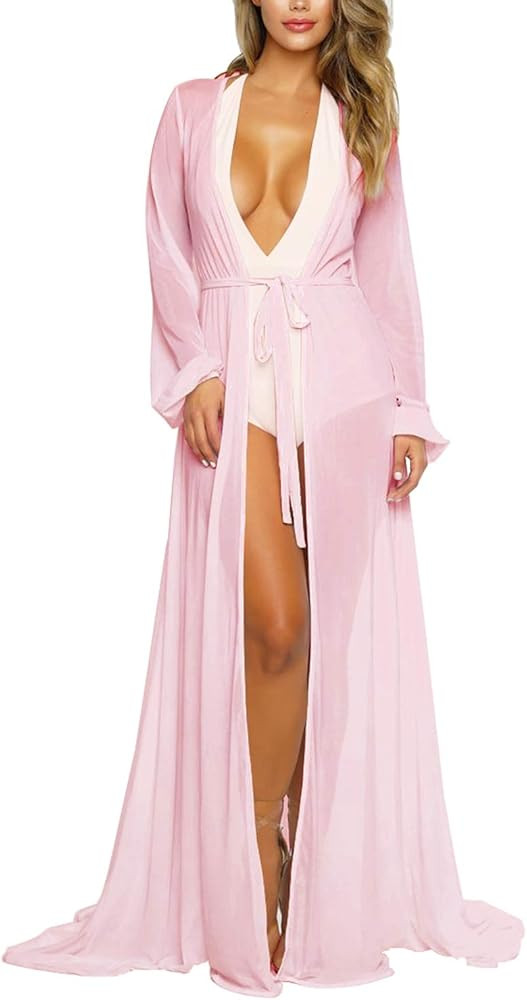 Pink Queen Women's Long Sleeve Flowy Maxi Swimsuit Tie Front Robe Cover Up | Amazon (US)