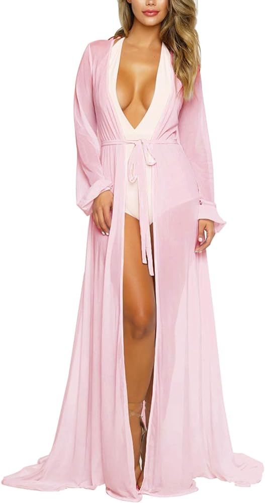 Women's Sexy Thin Mesh Long Sleeve Tie Front Swimsuit Swim Beach Maxi Cover Up Dress | Amazon (US)