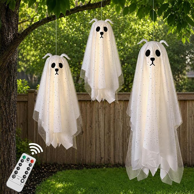 Halloween Decorations Outdoor, 3 Pack Lighted Dog Ghost Hanging Decor | Amazon (US)