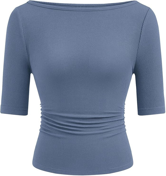 PRETTYGARDEN Womens Summer Short Sleeve Tops Boat Neck Ribbed Knit Slim Fit T Shirt Casual Basic ... | Amazon (US)