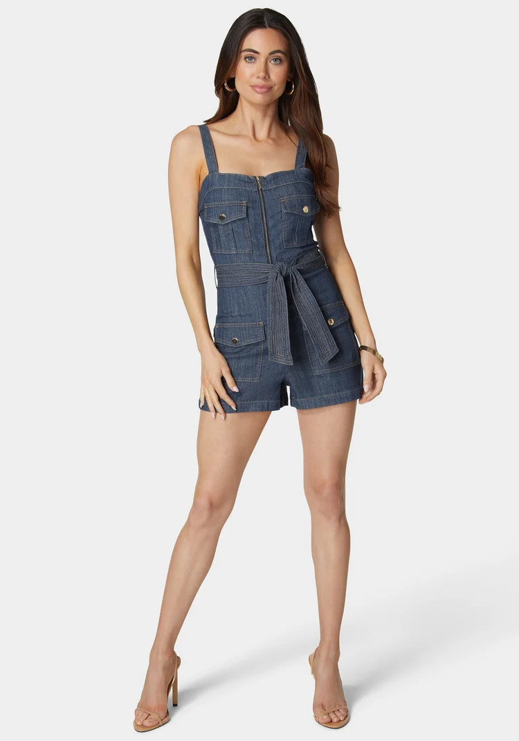 Zip Front Belted Cargo Denim Romper | Bebe
