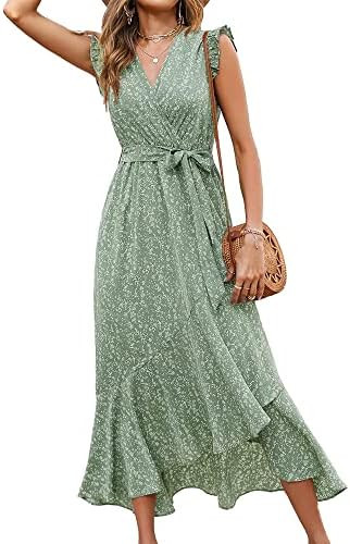 BTFBM Women Summer Floral Boho Maxi Dresses 2026 Vacation Ruffle Sleeve V Neck Belt Wrap Wedding ... | Amazon (US)