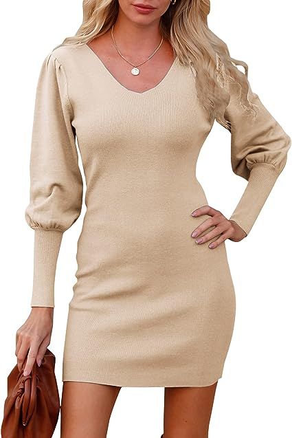 BTFBM Women 2022 Pullover Sweater Dress V Neck Long Sleeve Bodycon Embroidered Back Party Rib Kni... | Amazon (US)