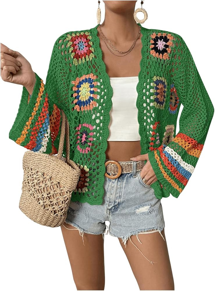 SHENHE Women's Floral Crochet Cardigan Hollow Out Open Front Long Sleeve Cardigan Sweater Green S... | Amazon (US)