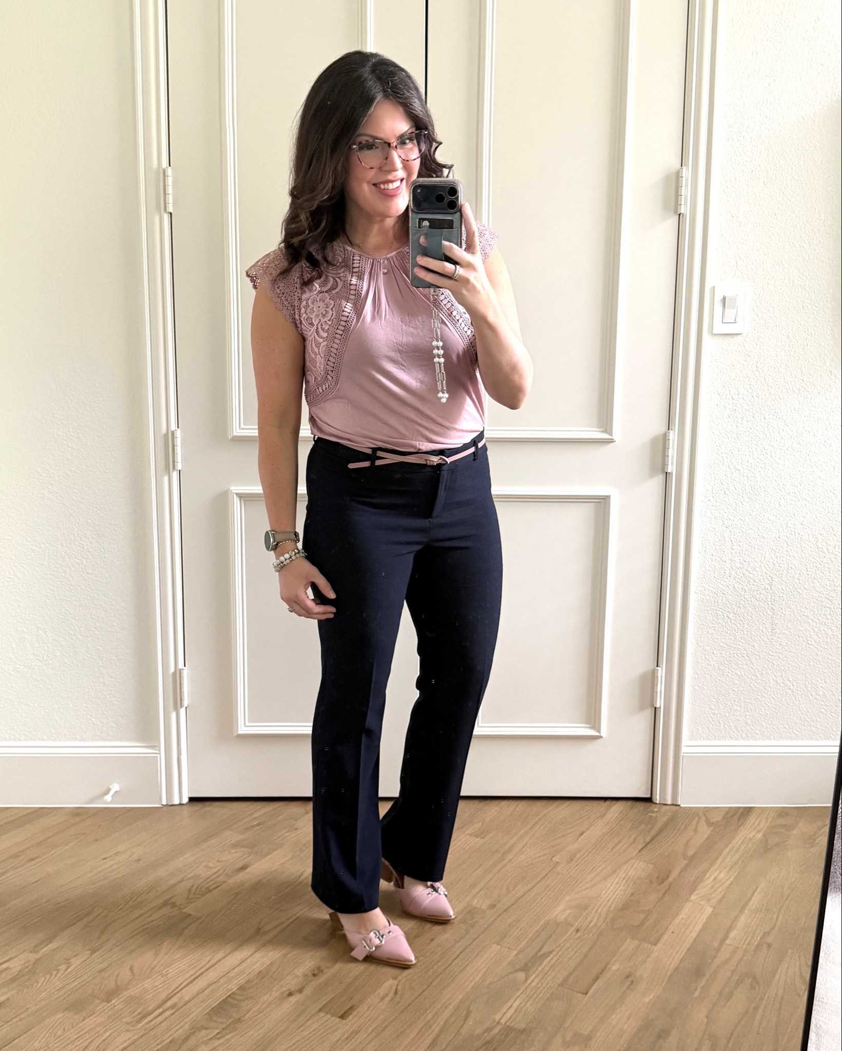 Beautiful versatile lace overlay top. Great for work, but could definitely wear it casually as well. Fits tts I’m in M. It’s like a dusty lavender but coordinates very well with cyclamen and my belt that is a dusty pink match. My pants are a little more saturated than Air Force blue but look great with these colors and as a dark summer, I will dabble with winter navy. I have these pants and regular length for taller heels, and this pair, which is petite, for shorter heel or flats. Both at true size I’m in an 8P and am 5’5”. These heels are so fun and our lilac match. They’re actually comfortable and easy to wear all day long or special events. They come in 1 million colors. Last but at least are my pink tortoise glasses that are a steal and can be customized your prescription. ￼

#LTKTravel #LTKWorkwear #LTKOver40